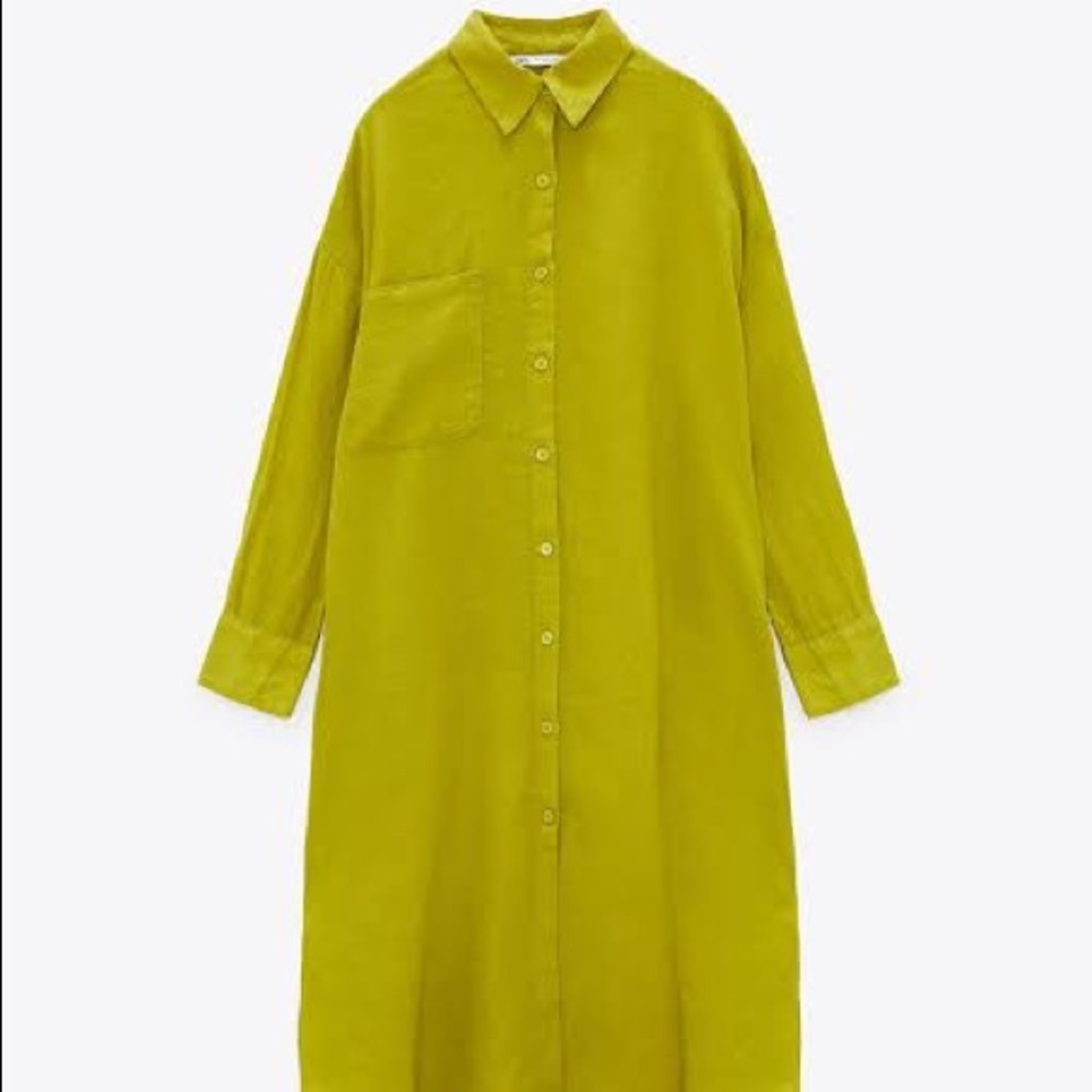 Zara oversized shirt linen dress in lime green colour - Picture 5 of 11